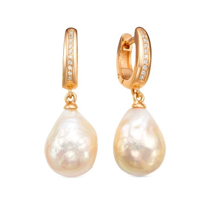 Серьги из серебра c розовыми речными жемчужинами "Барокко" 14-16 мм