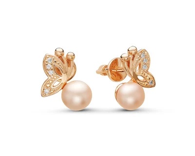 Серьги "Бабочки" из серебра с розовыми речными жемчужинами 6,5-7 мм