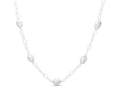 Длинная цепочка из серебра с белыми барочными жемчужинами 12-15 мм