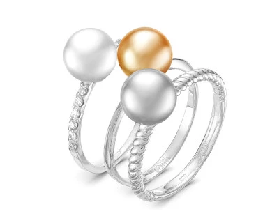 Кольцо "Трио" из белого золота с морскими жемчужинами Акойя 7,5-8 мм