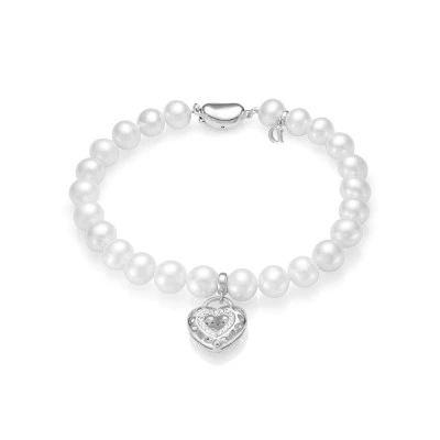 Браслет из белого речного круглого жемчуга 7,5-8 мм с подвеской из серебра 