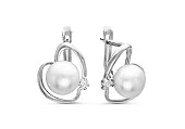 Серьги "Сердечки" из серебра c белыми речными жемчужинами 7,5-8 мм