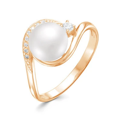 Кольцо из красного золота с белой речной жемчужиной 8,5-9 мм