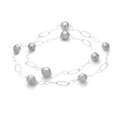 Цепочка из серебра с серебристыми барочными речными жемчужинами 13-16 мм