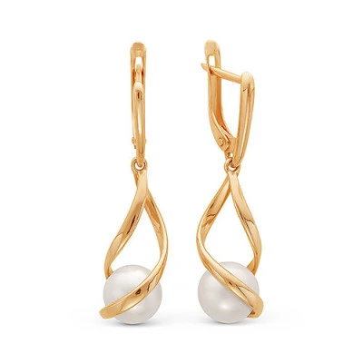 Серьги из красного золота с белыми речными жемчужинами 8 мм