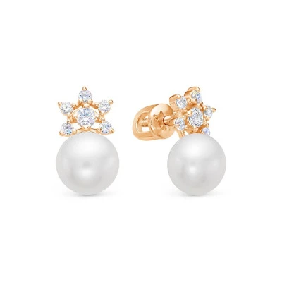 Серьги из красного золота с белыми речными жемчужинами 7-7,5 мм