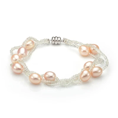 Браслет в 3 ряда из розового рисообразного речного жемчуга с бисером. Жемчужины 7,5-8 мм