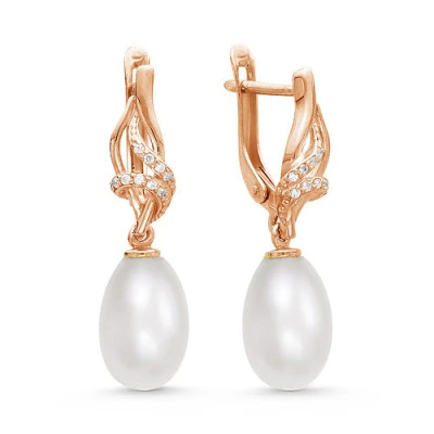 Серьги из красного золота с белыми речными жемчужинами 9-10 мм