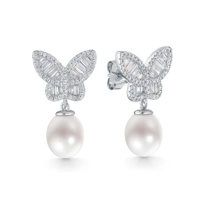 Серьги "Бабочки" из серебра c белыми речными жемчужинами 7,5-8 мм