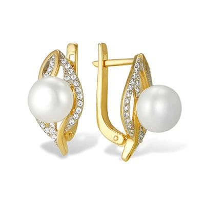 Серьги из желтого золота с белыми речными жемчужинами 8-8,5 мм