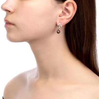 Серьги "Бабочки" из серебра с черными речными жемчужинами 7,5-8 мм