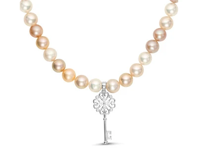 Ожерелье с подвеской "Ключик" из круглого речного жемчуга класса ААА. Жемчужины 9-10 мм