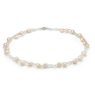 Ожерелье из розового рисообразного жемчуга с бисером. Жемчужины 7,5-8 мм