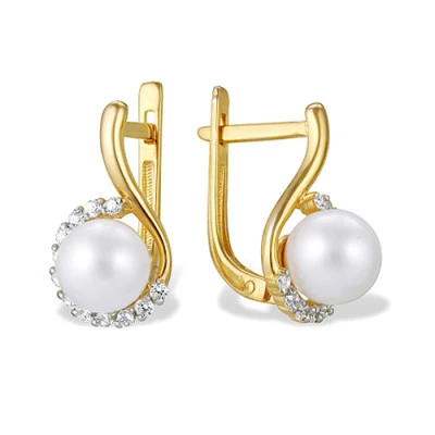 Серьги из желтого золота с белыми речными жемчужинами 7,5-8 мм