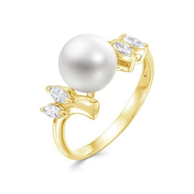 Кольцо из желтого золота с белой речной жемчужиной 8,5-9 мм