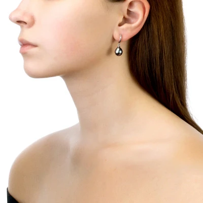 Серьги из серебра c черными морскими Таитянскими жемчужинами 9,6-9,9 мм