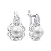 Серьги "Роза" из серебра c белыми речными жемчужинами 8-8,5 мм