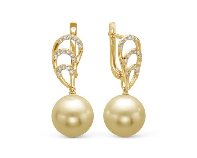 Серьги из желтого золота с золотистыми морскими Австралийскими жемчужинами 13-13,5 мм