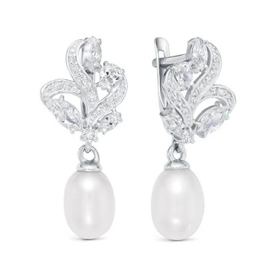 Серьги из серебра c белыми речными жемчужинами 7,5-8 мм