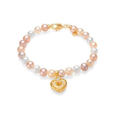 Браслет "микс" из речного круглого жемчуга 6,5-7 мм с подвеской из серебра "Сердечко"