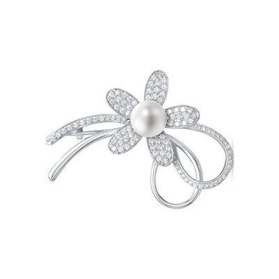 Брошь "Цветок" из серебра с белой речной жемчужиной 8,5-9 мм