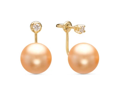 Пусеты "Диор" из желтого золота с золотистыми морскими Австралийскими жемчужинами 12,6-12,9 мм