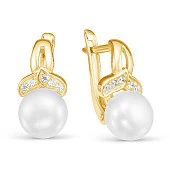 Серьги из желтого золота с белыми речными жемчужинами 8,5-9 мм