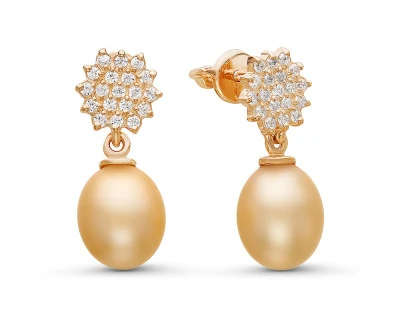 Серьги из серебра с золотистыми речными жемчужинами 8-8,5 мм