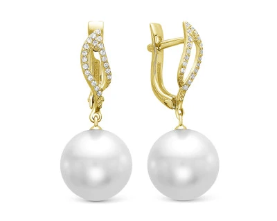 Серьги из желтого золота с белыми морскими Австралийскими жемчужинами 12-12,5 мм
