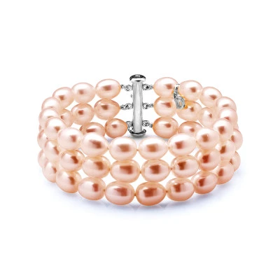 Браслет в 3 ряда из розового рисообразного речного жемчуга. Жемчужины 7,5-8 мм