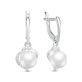 Серьги "Сердечки" из серебра c белыми речными жемчужинами 7-7.5 мм