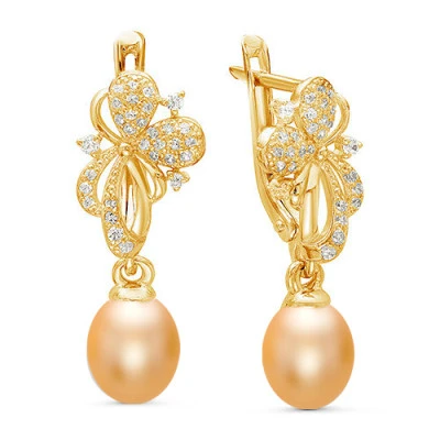 Серьги из серебра с золотистыми речными жемчужинами 8-8,5 мм