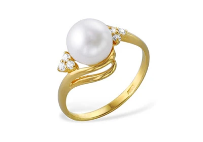 Кольцо из желтого золота с белой речной жемчужиной 7,5-8 мм