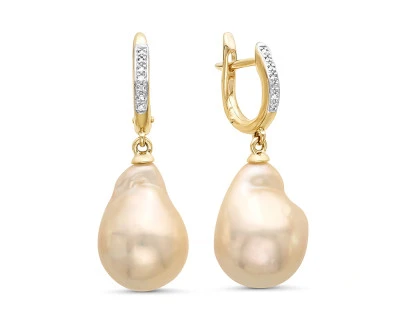 Серьги из желтого золота с розовыми японскими жемчужинами "Барокко" 16-20 мм