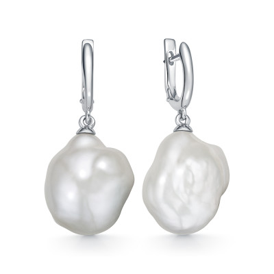 Серьги из серебра с белыми речными жемчужинами "Барокко" 17-20 мм