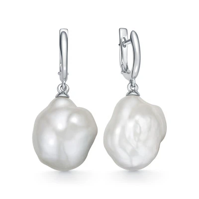 Серьги из серебра с белыми речными жемчужинами "Барокко" 17-20 мм